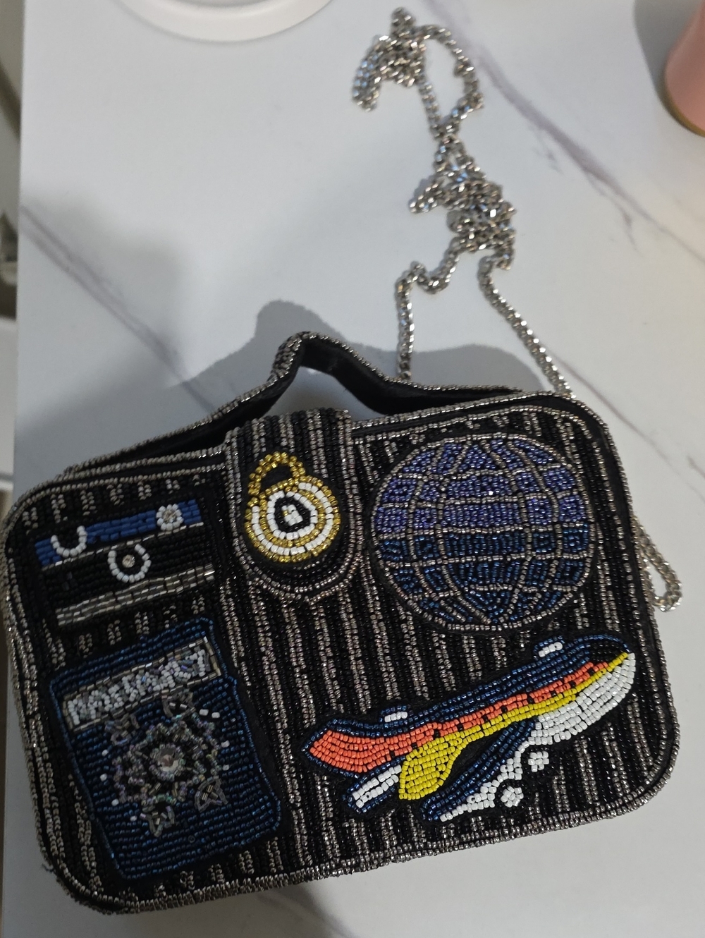 Travel Theme Beaded Crossbody Bag